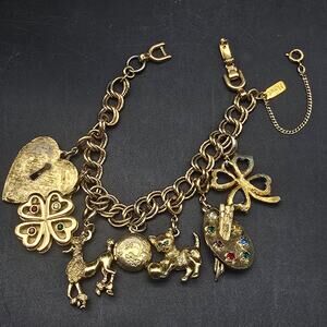Vintage Monet Charm Bracelet Gold Tone Clover Heart Dog